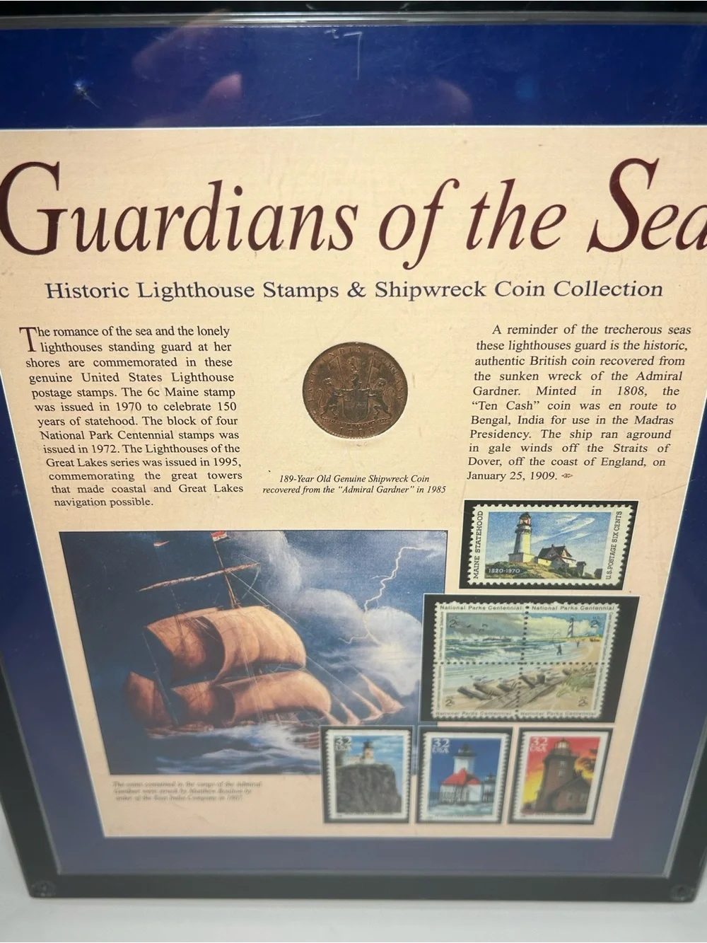 Guardians of the Sea Framed Lighthouse Stamp and Shipwreck Coin Wall Art